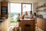 Lade das Bild in den Galerie-Viewer, Glückliche Familie mit Hund und Katze sitzt in der Küche mit fester Ausblick auf kleine Fluss - an der Wand große Aufschrift 50% Rabatt auf die Simple Purity Wasserquelle dank Black Weeks Sale 2025 großer Hinweis an der Wand Wassserquelle.de