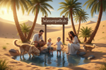 Lade das Bild in den Galerie-Viewer, Oase on der Wüste mit einen Wasser Oase glückliche Familie mit Mann Frau, Kinder und Hund & Katze schöpfen Wasser und trinken - die Quelle mit Schild Wasserquelle.de