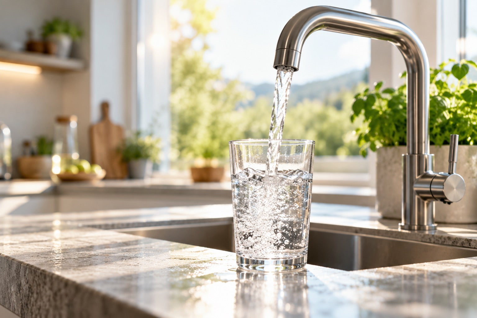 Wasser läuft in einer hellen Küche aus einem Wasserhahn in ein Glas