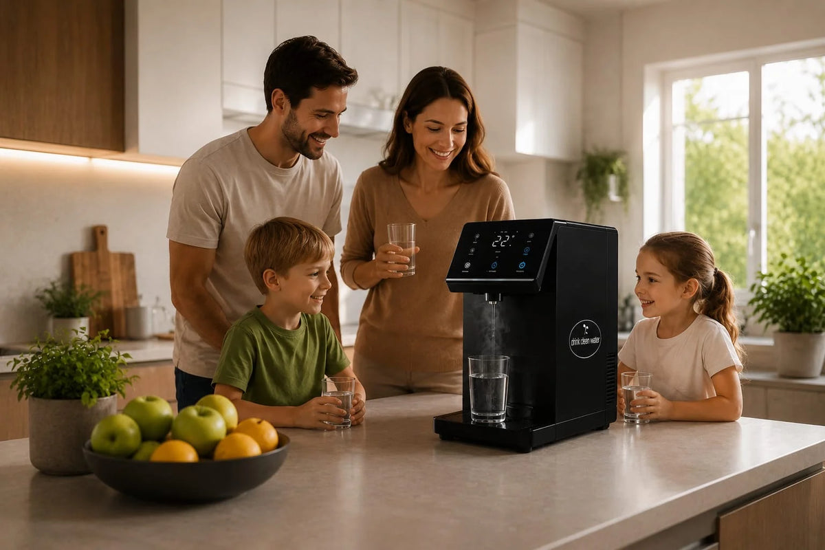 Familie in einer hellen Küche mit einer Wasserquelle auf der Arbeitsplatte