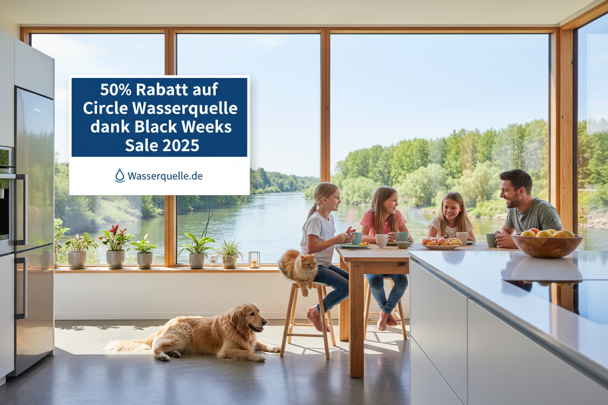 Glückliche Familie mit Hund und Katze sitzt in der Küche mit fester Ausblick auf kleine Fluss - an der Wand große Aufschrift 50% Rabatt auf Circle Wasserquelle dank Black Weeks Sale 2025 großes Schild an der Wand von  Wassserquelle.de