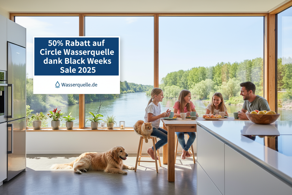 Glückliche Familie mit Hund und Katze sitzt in der Küche mit fester Ausblick auf kleine Fluss - an der Wand große Aufschrift 50% Rabatt auf Circle Wasserquelle dank Black Weeks Sale 2025 großes Schild an der Wand von  Wassserquelle.de