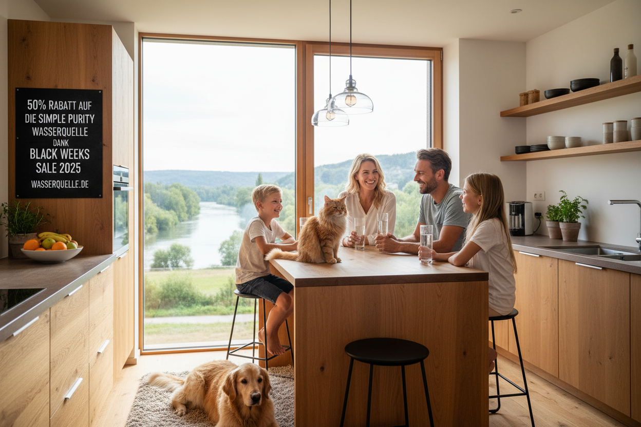 Glückliche Familie mit Hund und Katze sitzt in der Küche mit fester Ausblick auf kleine Fluss - an der Wand große Aufschrift 50% Rabatt auf die Simple Purity Wasserquelle dank Black Weeks Sale 2025 großer Hinweis an der Wand Wassserquelle.de