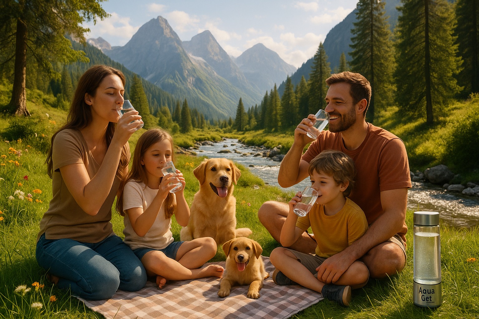 Glückliche Familie mit Kinder & Hund sitzen am Picknicken in der Natur mit  in der nähe von Bergen und einem Bach und trinken Wasser aus einem Wasserglas aus einer Hydrogen Wasserflasche die auf der Boden steht ! Beschrifte die Wasserflasche Aqua Get