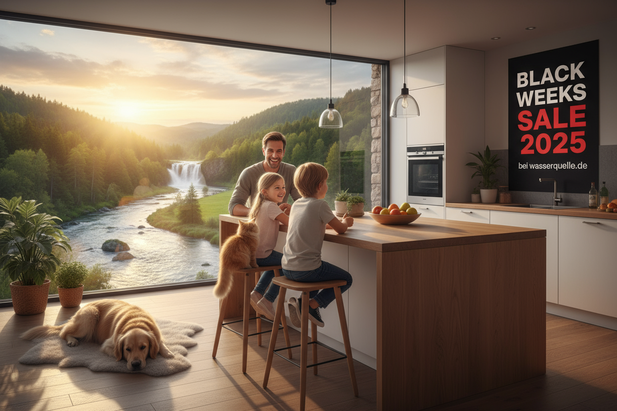 Glückliche Familie sitzt in der Küche mit Aussicht durchs Fenster Natur und Wasserbach mit Hund & Katze und im Hintergrund Plakat mit Aufschrift Black Weeks Sale 2025 bei wasserquelle.de