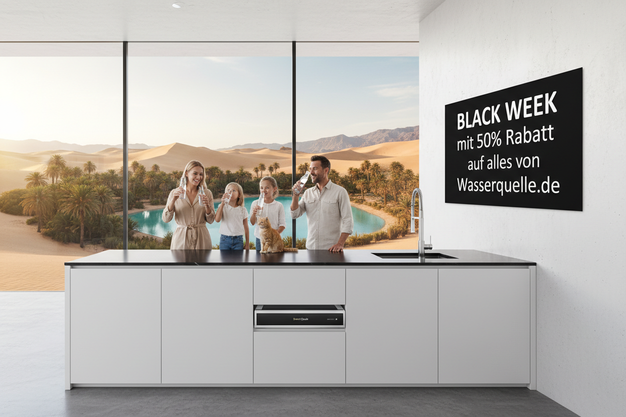In der Wüste mit einen Blick auf eine schöne Oase in der Küche glückliche Familie mit Mann Frau, Kinder und Hund & Katze trinken Wasser aus sehr flachem Wasserfilter Smart Quelle ( klein & schmal ) liegend zu sehen unter der Küche mit 3 Wege Wasserhahn unter der Küchenleiste mit großem Schild an der Wand Black Week mit 50% Rabatt auf alles von Wasserquelle.de