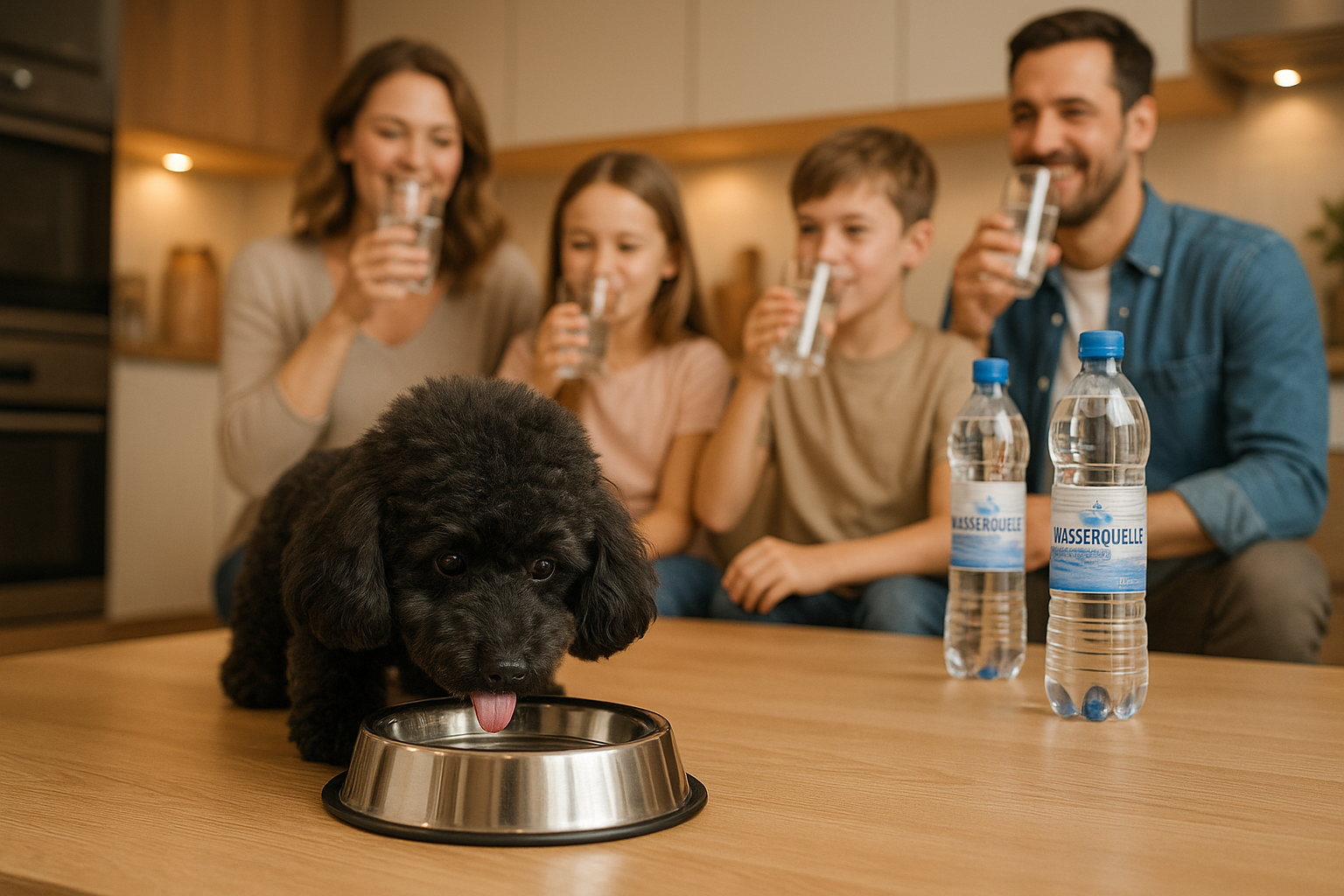 Schwarzer Zwergpudel trinkt Wasser aus seinem Napft in der Küche im Hintergrund glückliche Familie die auch trinken Wasser von wassrquelle 