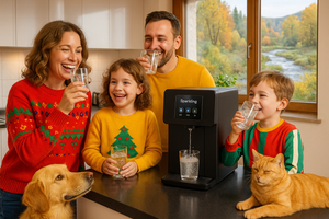 Sehr Glückliche Familie mit Hund & Katze hell festlich angezogen  in der Küche im Hintergrund Natur mit kleinem Fluss trinken Sprudelwasser aus einem schwarzen Wasserfilter Auftisch mit großen Toutch Funktionen der heißt Sparkling mit kleinem Wasserglas bei der Entnahme 