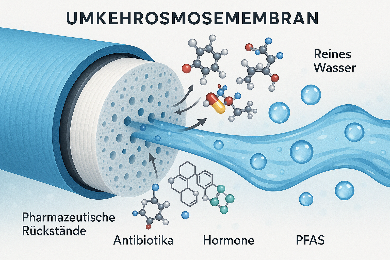 Umkehrosmose Membrane die in echt filtert Medikamentenreste, Antibiotika, Hormone, PFAS usw 